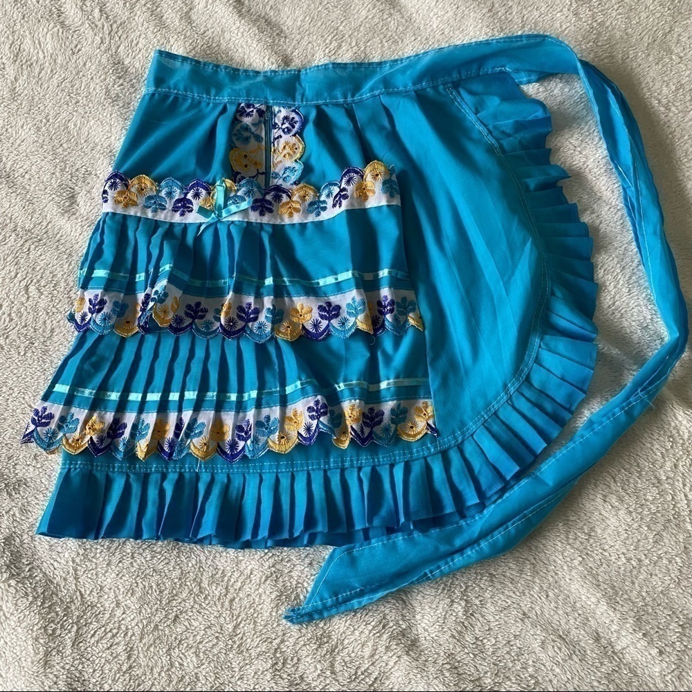 Retro Handmade turquoise ruffled half apron with yellow and cobalt blue trim‌‌